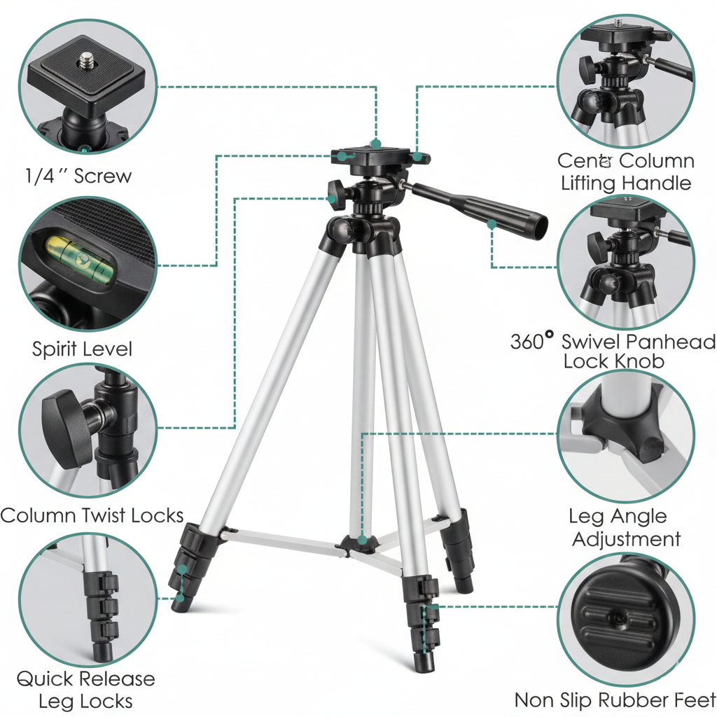 Tripod 3110 Portable Adjustable Aluminium Lightweight Camera Stand Tripod, with 3-Dimensional Head and Quick Release Plate for Video Cameras and Mobile, Black, Silver | 3110 - Image 5