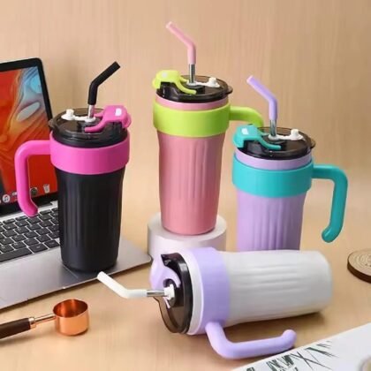40oz Thermos Travel Mug with Handle, Leakproof Lid & Stainless Steel Straw ? Double Wall Insulated Hot & Cold Tumbler - Random Color